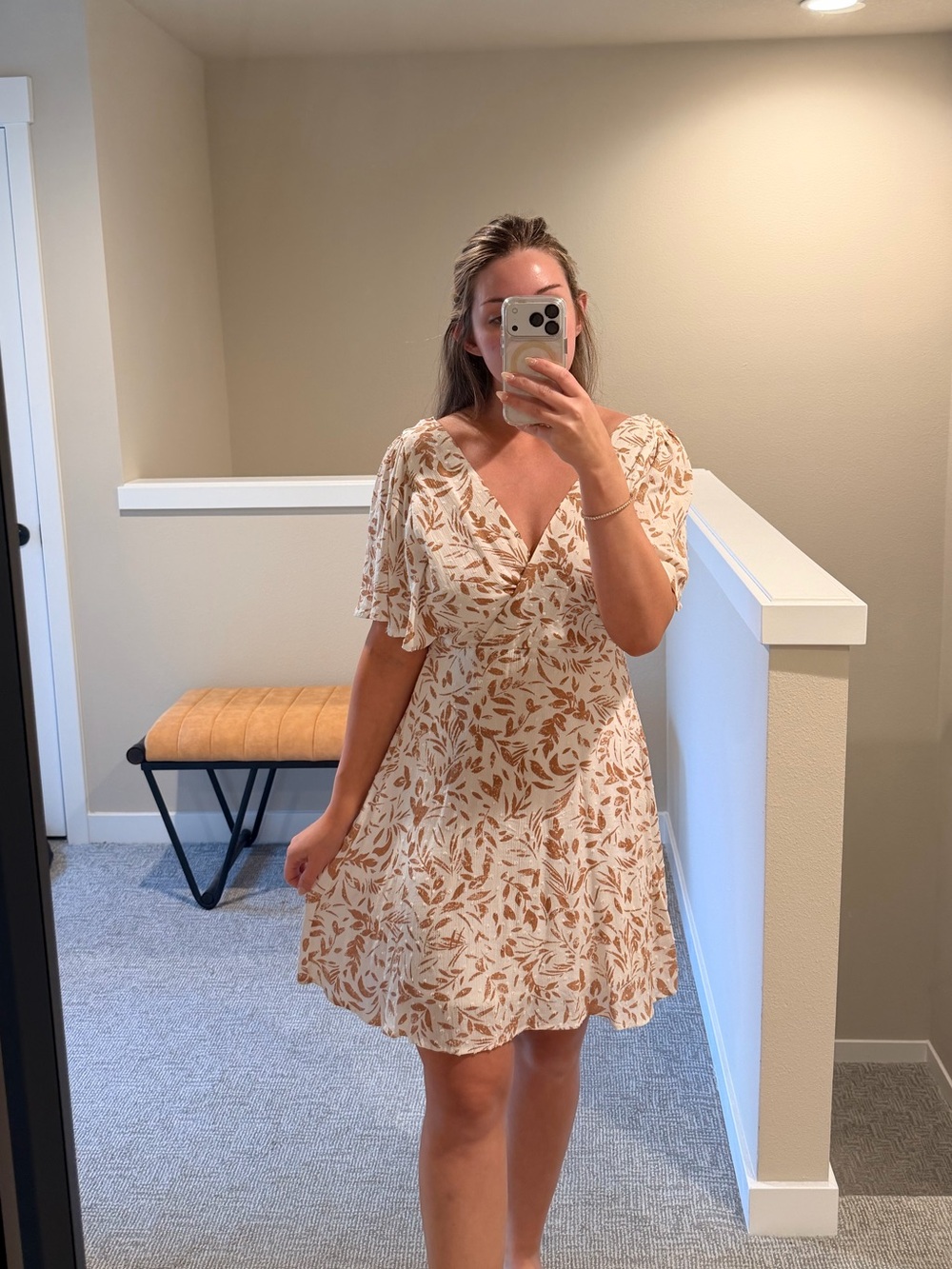 Gilli Cream Mini Dress with Brown Leaf Print - Picture 1 of 4